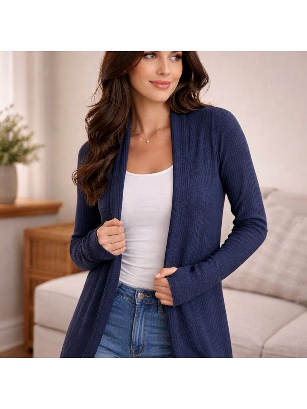 CUPIO NAVY BLUE WAFFLE CARDIGAN LARGE OPEN FRONT SWEATER THUMB HOLES